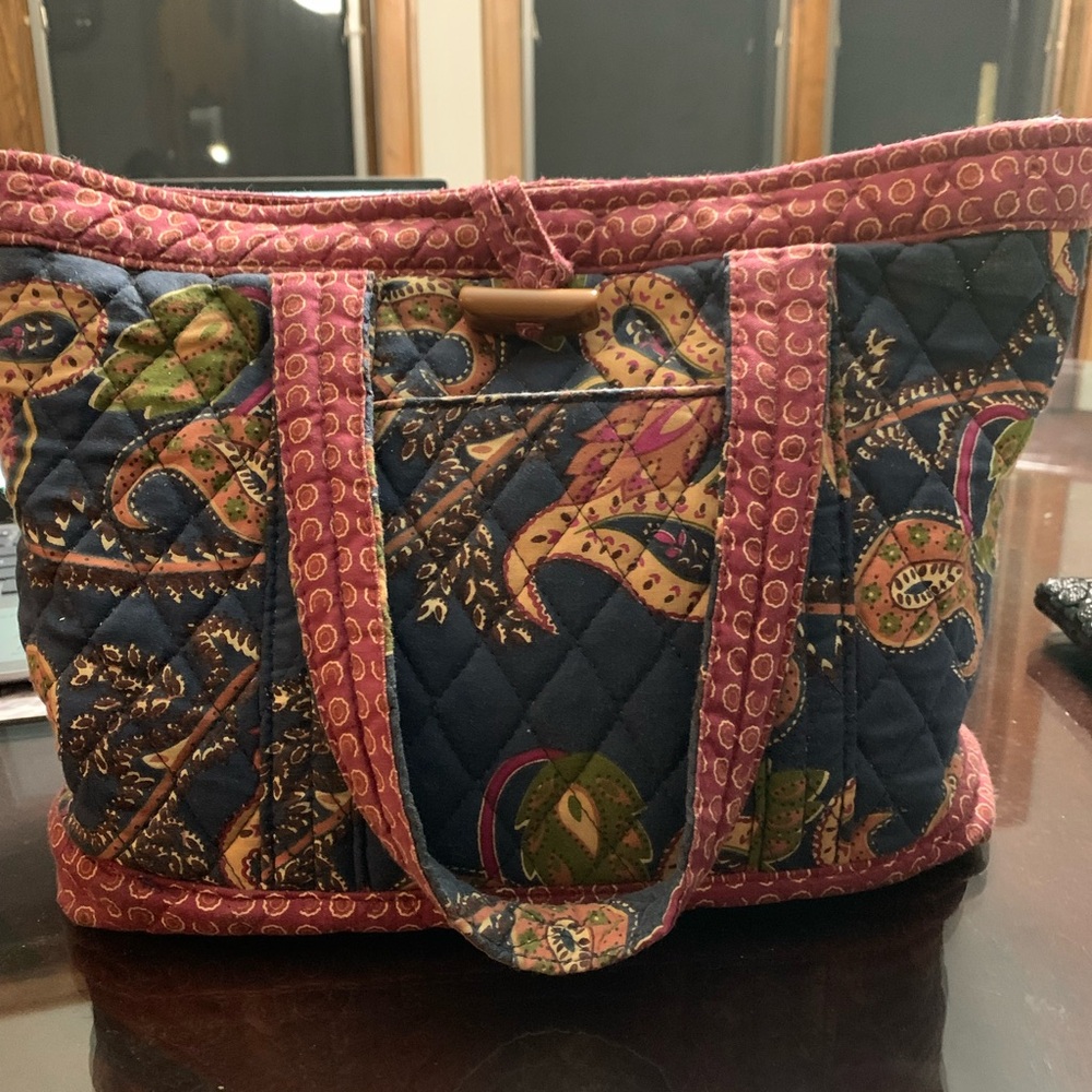 Lily Waters Blue and Burgundy Quilted Paisley Bag with Gingham Interior